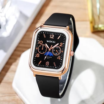 Női kvarc karóra, négyzetes számlap, szilikon szíj, vízálló, világít a sötétben