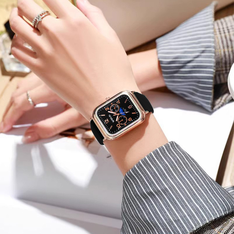 Női kvarc karóra, négyzetes számlap, szilikon szíj, vízálló, világít a sötétben