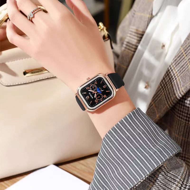 Női kvarc karóra, négyzetes számlap, szilikon szíj, vízálló, világít a sötétben