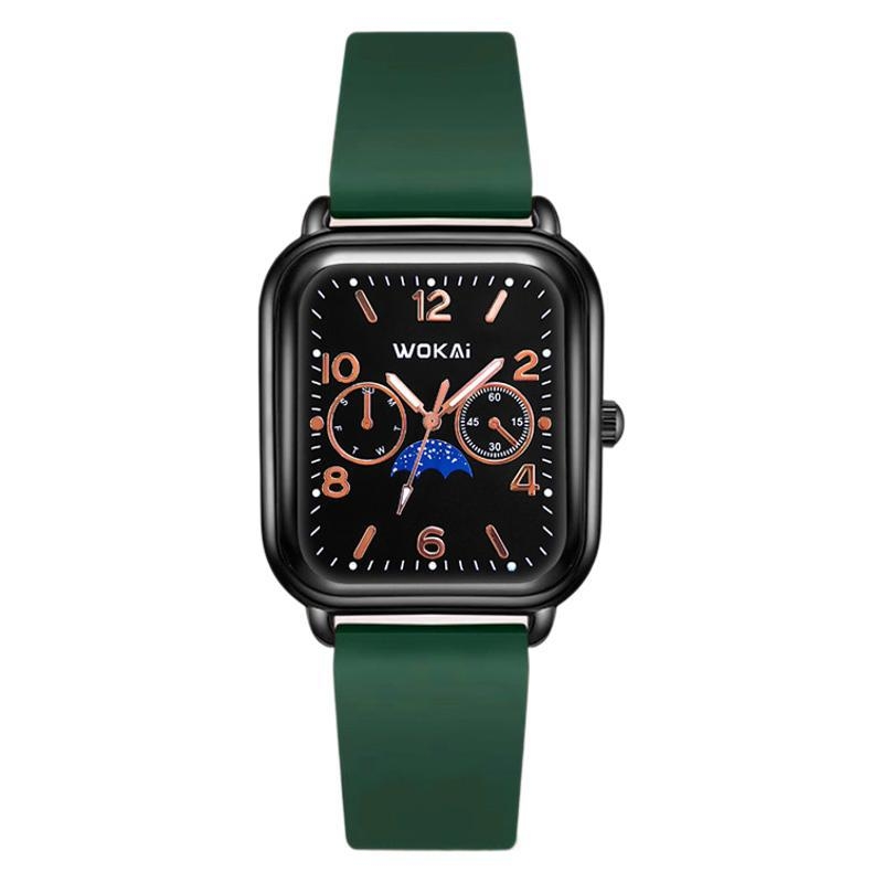 Női kvarc karóra, négyzetes számlap, szilikon szíj, vízálló, világít a sötétben