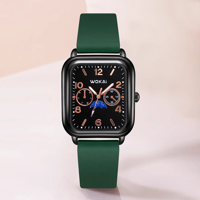 Női kvarc karóra, négyzetes számlap, szilikon szíj, vízálló, világít a sötétben