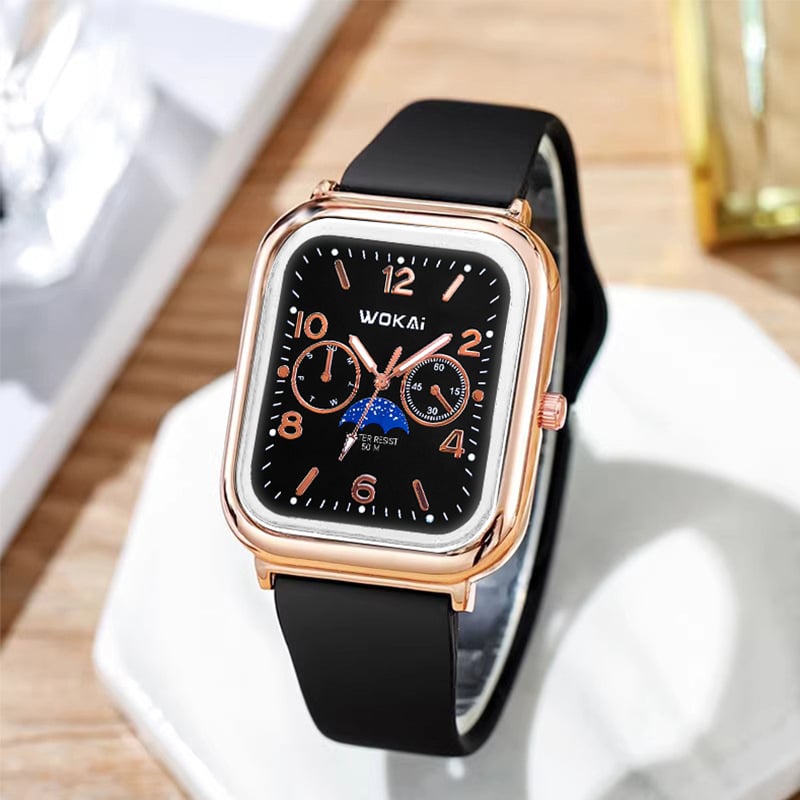 Női kvarc karóra, négyzetes számlap, szilikon szíj, vízálló, világít a sötétben