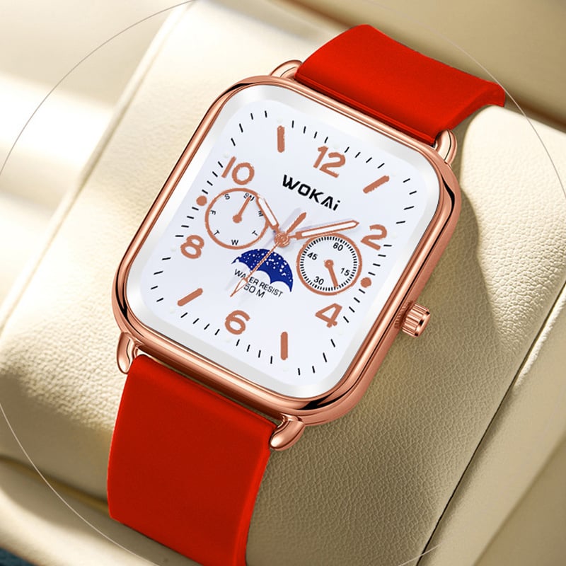 Női kvarc karóra, négyzetes számlap, szilikon szíj, vízálló, világít a sötétben