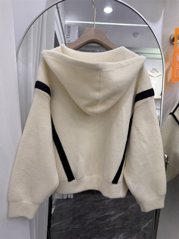 Ženski pleteni kardigan s kapuljom i zatvaračem na zip, blok boja, debeli pleteni materijal, casual minimalist stil, jesen-zima 2025