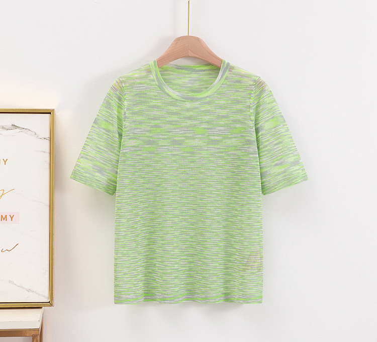 Viszkóz alapanyagú pulóver, vékony, csíkos, kerek nyakú, kézzel kötött