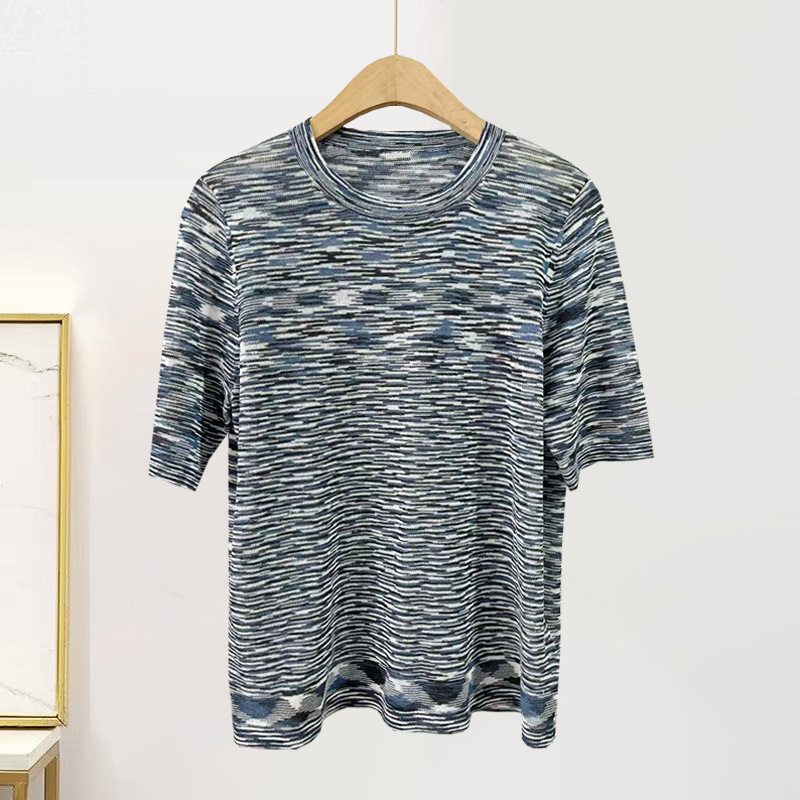 Viszkóz alapanyagú pulóver, vékony, csíkos, kerek nyakú, kézzel kötött