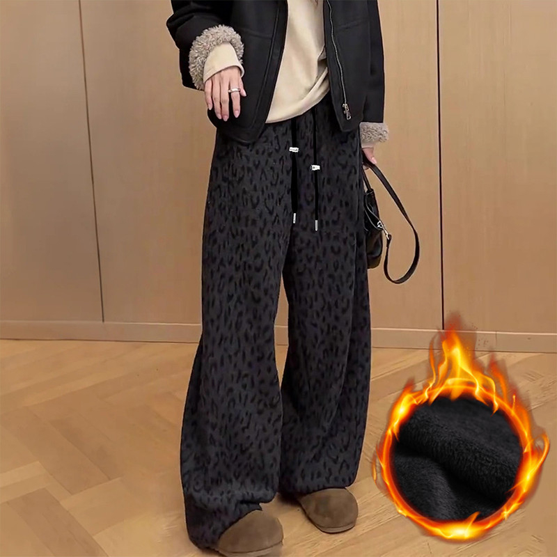 Trudničke hlače s leopard uzorkom i flis podstavom, široki kroj, zimski retro stil, udobne