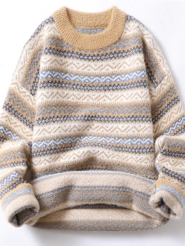 Megztinis su apskrito kaklo, laisvas siluetas, jacquard raštas, medžiaga: norkos kailis