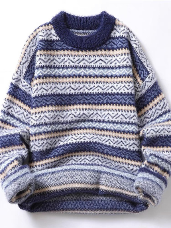 Megztinis su apskrito kaklo, laisvas siluetas, jacquard raštas, medžiaga: norkos kailis