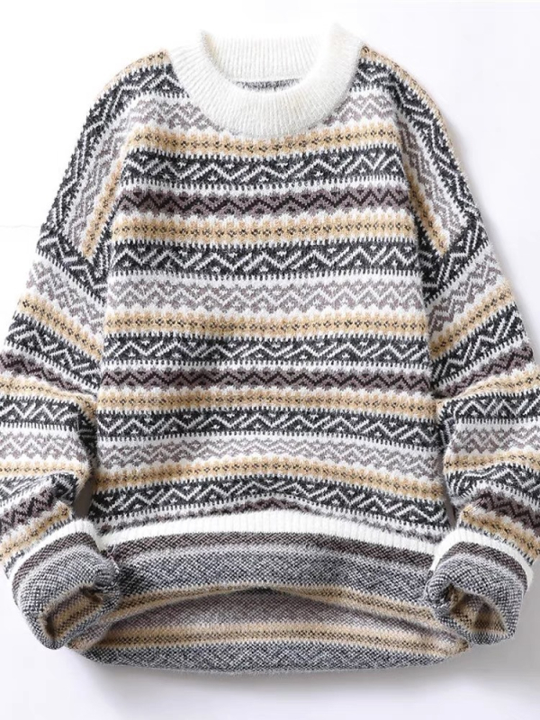 Megztinis su apskrito kaklo, laisvas siluetas, jacquard raštas, medžiaga: norkos kailis