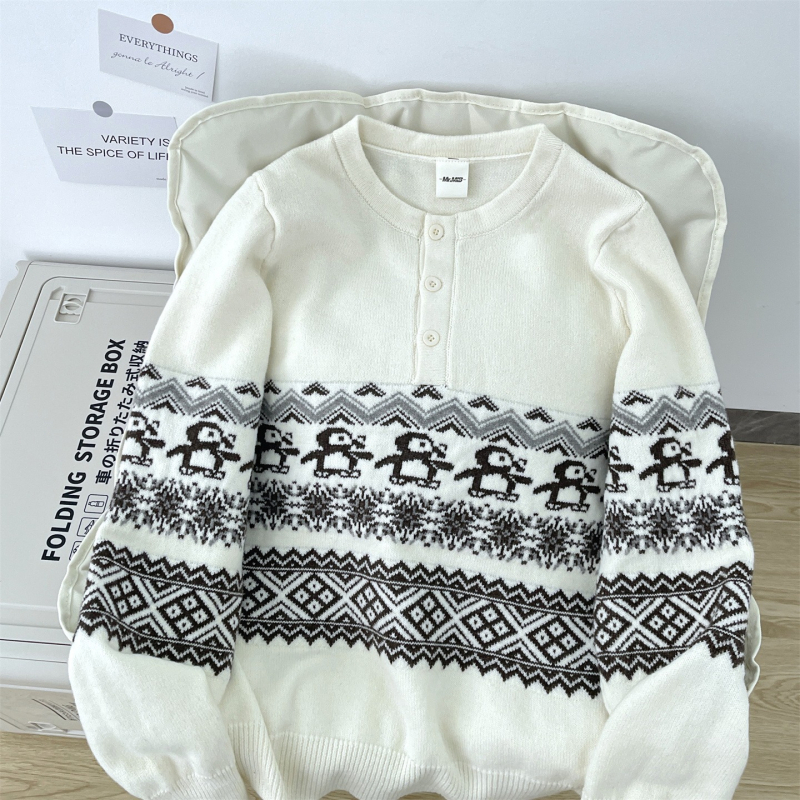 Unisex megztinis su Henrio apykakle, retro jacquard modelis; poliesterio pluošto mišinys, galima plauti skalbimo mašinoje, be lyginimo