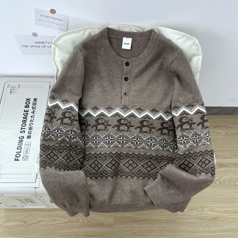 Unisex megztinis su Henrio apykakle, retro jacquard modelis; poliesterio pluošto mišinys, galima plauti skalbimo mašinoje, be lyginimo