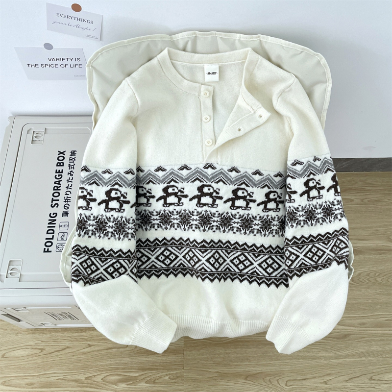 Unisex megztinis su Henrio apykakle, retro jacquard modelis; poliesterio pluošto mišinys, galima plauti skalbimo mašinoje, be lyginimo