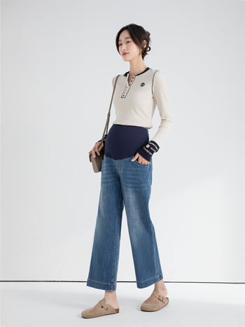 Jeans de maternitate cu sprijin abdominal, croială lejeră, denim din bumbac, 50–70% conținut de bumbac, grosime medie