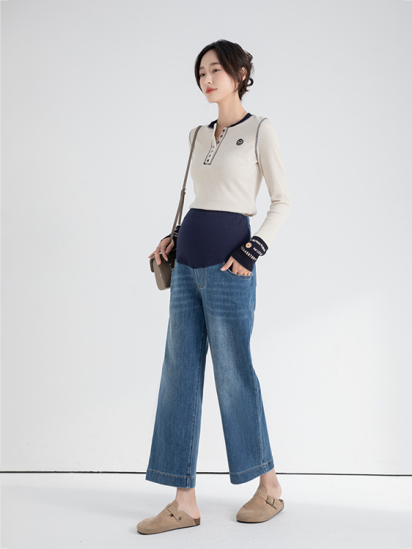 Jeans de maternitate cu sprijin abdominal, croială lejeră, denim din bumbac, 50–70% conținut de bumbac, grosime medie