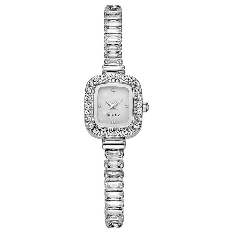 Női kvarcóra négyszögletes tárcsával, ötvözet tok és ötvözet szíj, spirál koronával