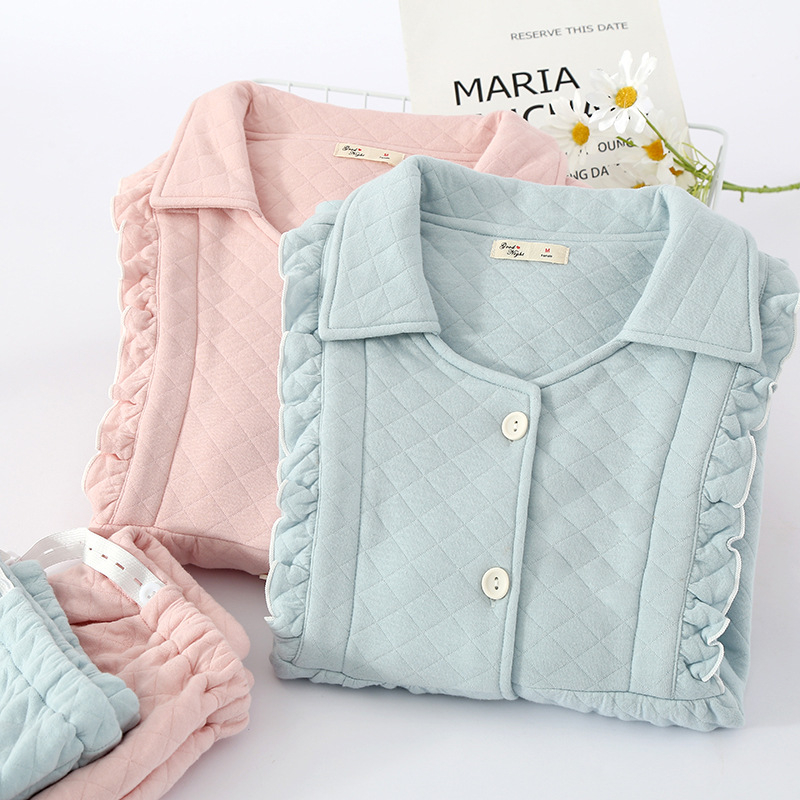 Szoptatós pizsama készlet légies pamutból, édes, nőies stílus, hosszú ujjú, nadrágos, alkalmas őszre, télre és tavaszra