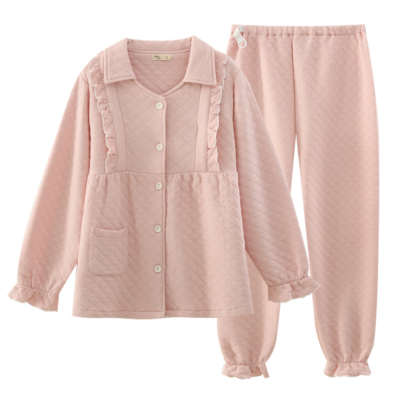 Szoptatós pizsama készlet légies pamutból, édes, nőies stílus, hosszú ujjú, nadrágos, alkalmas őszre, télre és tavaszra