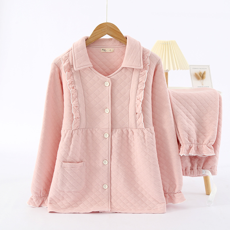 Szoptatós pizsama készlet légies pamutból, édes, nőies stílus, hosszú ujjú, nadrágos, alkalmas őszre, télre és tavaszra