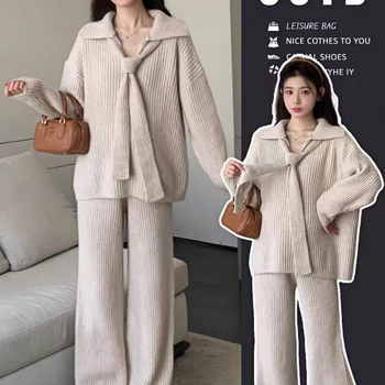 Costum maternitate cu pantaloni – Chenille cu Spandex 30–50%, mâneci lungi, pantaloni 3/4, stil costum cu pantaloni, japonez-coreean casual