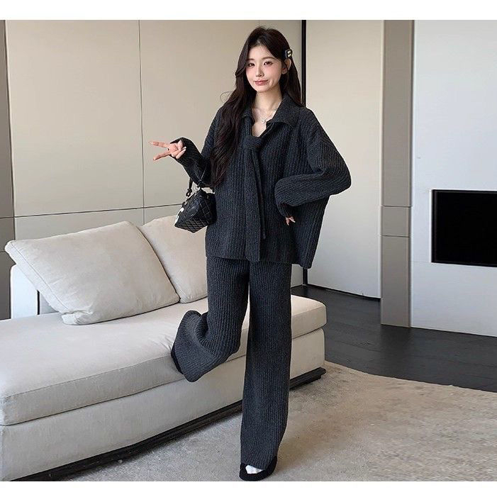 Costum maternitate cu pantaloni – Chenille cu Spandex 30–50%, mâneci lungi, pantaloni 3/4, stil costum cu pantaloni, japonez-coreean casual