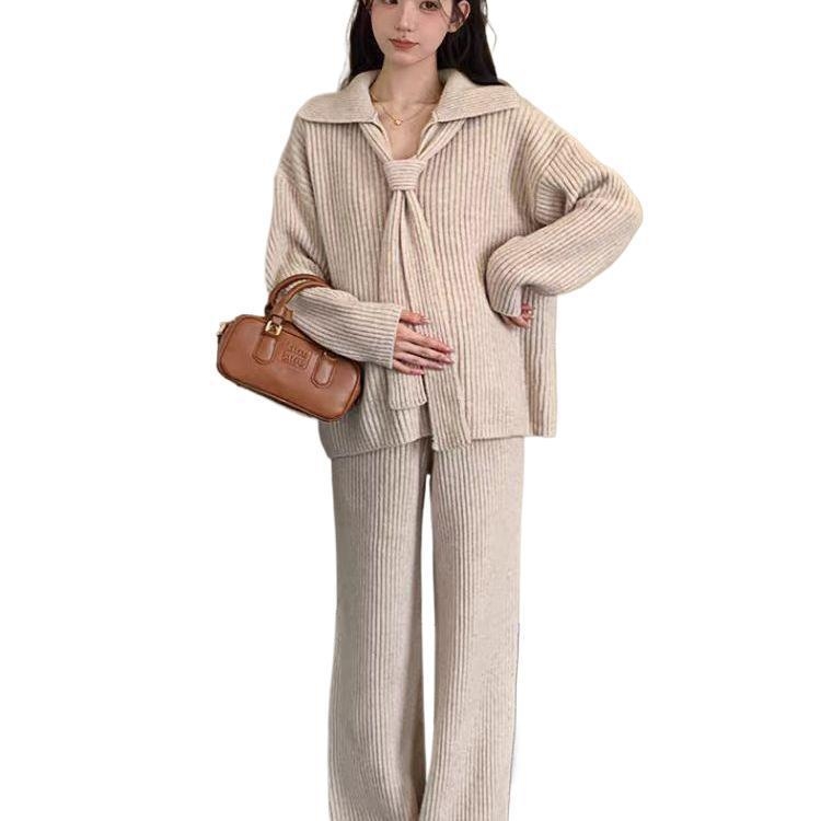 Costum maternitate cu pantaloni – Chenille cu Spandex 30–50%, mâneci lungi, pantaloni 3/4, stil costum cu pantaloni, japonez-coreean casual