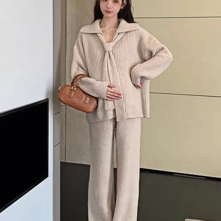 Costum maternitate cu pantaloni – Chenille cu Spandex 30–50%, mâneci lungi, pantaloni 3/4, stil costum cu pantaloni, japonez-coreean casual