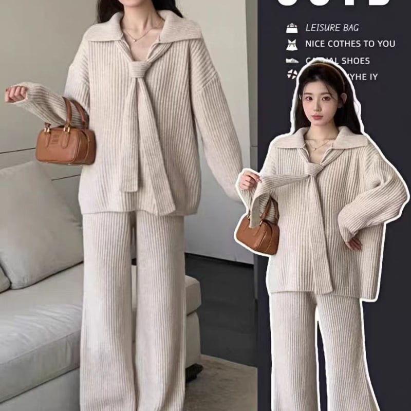 Costum maternitate cu pantaloni – Chenille cu Spandex 30–50%, mâneci lungi, pantaloni 3/4, stil costum cu pantaloni, japonez-coreean casual