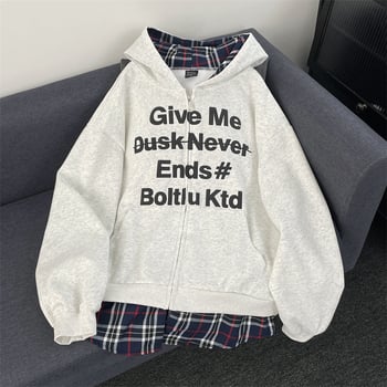 Дамски качулен кардиган с кариран принт, фалшиви две части, памук-полиестер смес, свободен силует