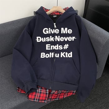 Дамски качулен кардиган с кариран принт, фалшиви две части, памук-полиестер смес, свободен силует