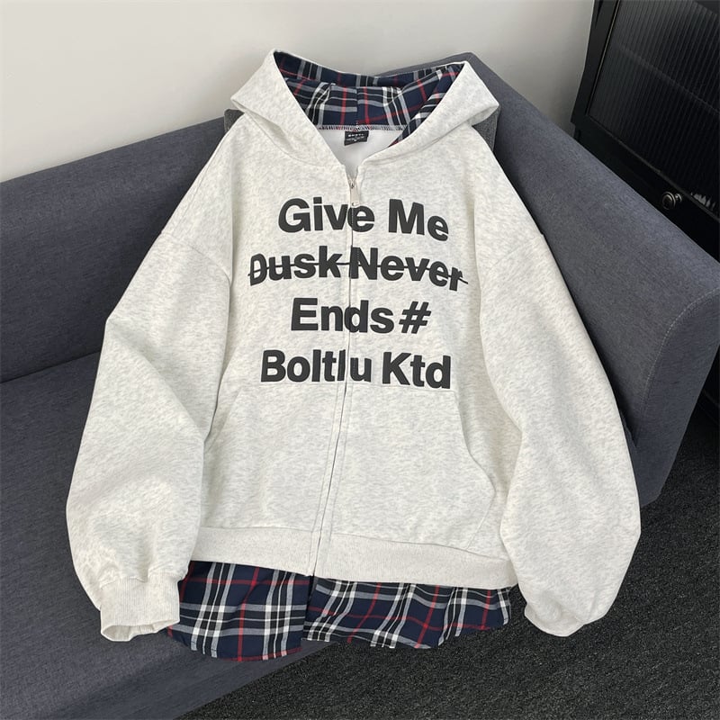 Дамски качулен кардиган с кариран принт, фалшиви две части, памук-полиестер смес, свободен силует