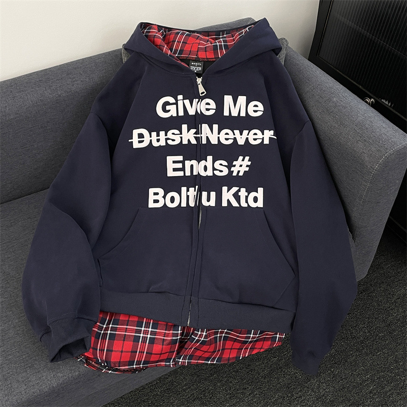 Дамски качулен кардиган с кариран принт, фалшиви две части, памук-полиестер смес, свободен силует