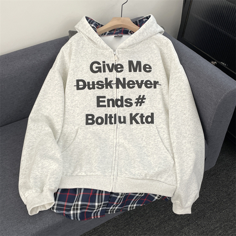 Дамски качулен кардиган с кариран принт, фалшиви две части, памук-полиестер смес, свободен силует