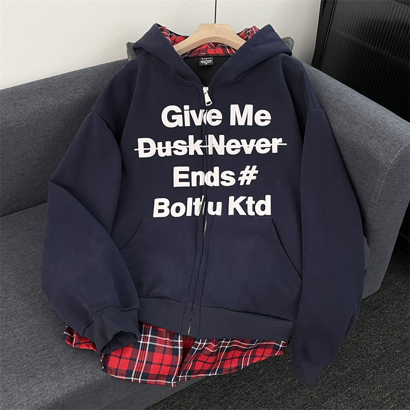 Дамски качулен кардиган с кариран принт, фалшиви две части, памук-полиестер смес, свободен силует