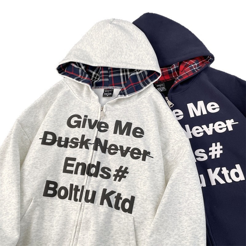 Дамски качулен кардиган с кариран принт, фалшиви две части, памук-полиестер смес, свободен силует