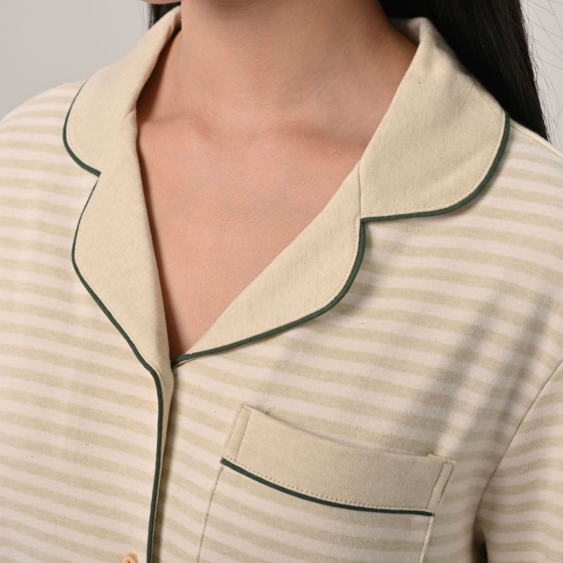 Дамски комплект пижами с кардиган от 100% памук, лапел яка, дълги ръкави, панталони, средна плътност 201–250 g/m², подходящ за всички сезони