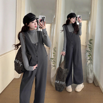 Trudnički zimski set u korejskom stilu, opušten stil s hlačama na naramenice i gornjim dijelom, mješavina pamuka i poliestera, 50–70% poliester, 30–50% spandex, jesen 2025 izdanje