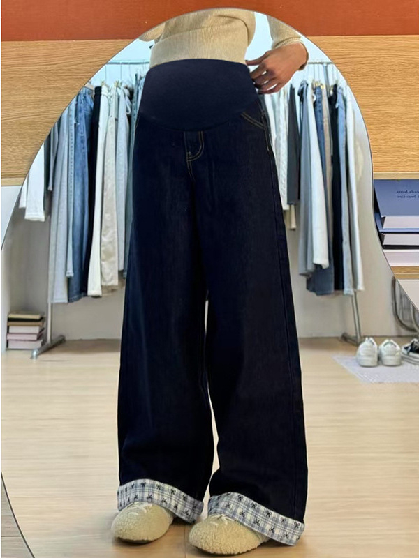 Trudničke traperice od denima, visoka struka, široke nogavice, ležeran kroj, potpora trbuha (Denim tkanina; Visoka struka; Široke nogavice; Ležeran kroj; Potpora trbuha)