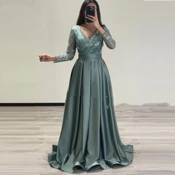 Večernja haljina sa šljokicama, dugi rukavi, duboki V izrez, visok struk, duga haljina