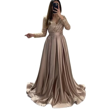 Večernja haljina sa šljokicama, dugi rukavi, duboki V izrez, visok struk, duga haljina