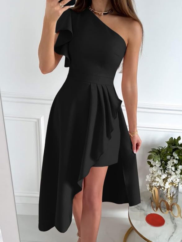 Rochie midi cu un umăr, fără mâneci, plisată, fermoar