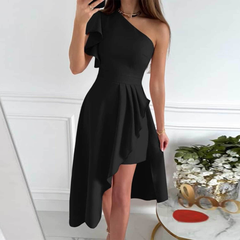 Rochie midi cu un umăr, fără mâneci, plisată, fermoar