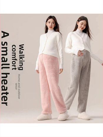 Tehotenské pyžamové nohavice s hrubým korálovým flisom, voľný strih, dlhé nohavice, 95% polyester