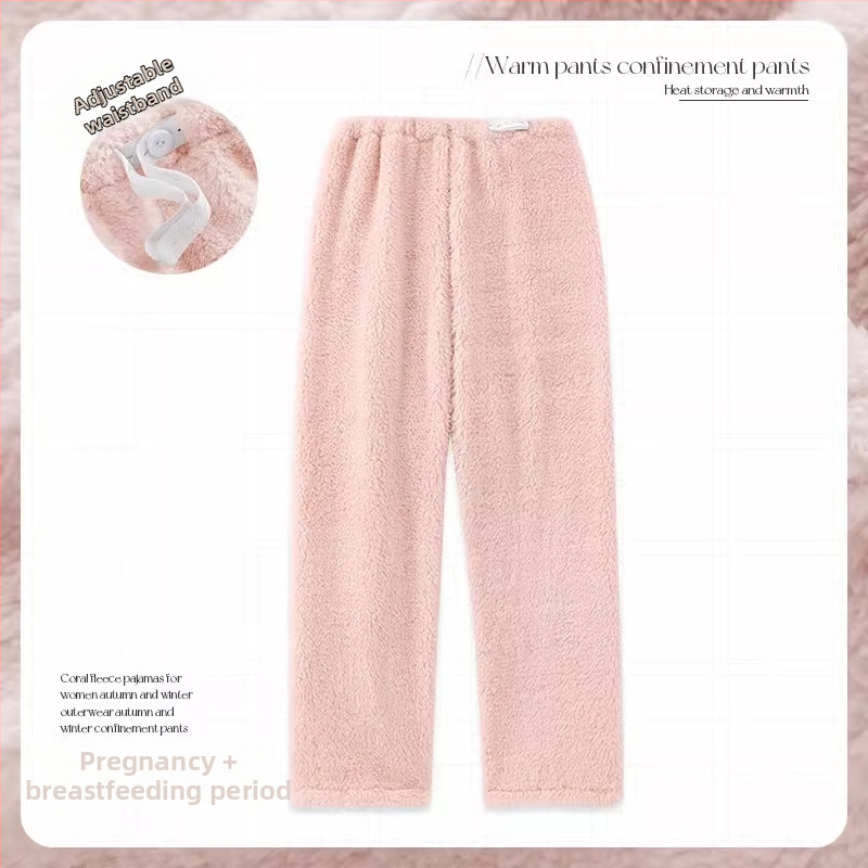 Tehotenské pyžamové nohavice s hrubým korálovým flisom, voľný strih, dlhé nohavice, 95% polyester