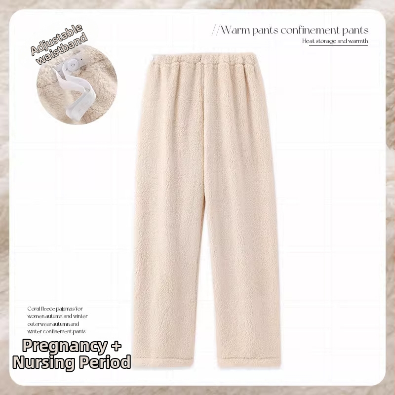 Tehotenské pyžamové nohavice s hrubým korálovým flisom, voľný strih, dlhé nohavice, 95% polyester