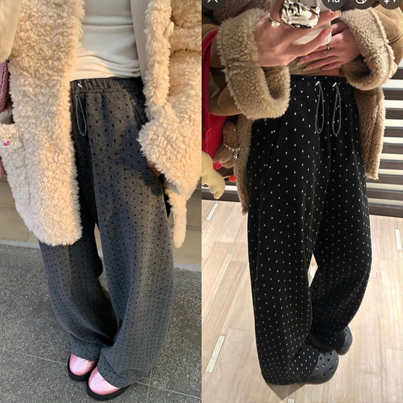 Trudničarske hlače s točkicama, široke nogavice, vunena-smjesa elastana, tople za proljeće i jesen