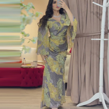 Ženska večernja haljina s dubokim V-izrezom, šifon otisak na poliesteru, uski kroj, dugi rukavi