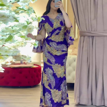 Ženska večernja haljina s dubokim V-izrezom, šifon otisak na poliesteru, uski kroj, dugi rukavi