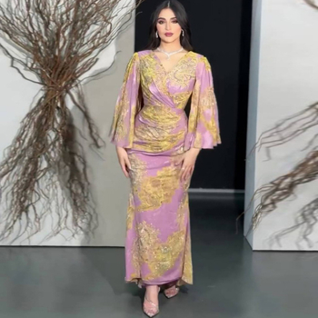 Ženska večernja haljina s dubokim V-izrezom, šifon otisak na poliesteru, uski kroj, dugi rukavi