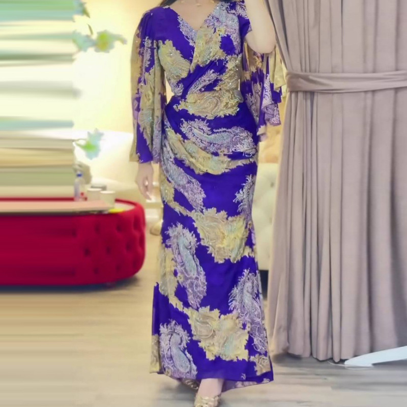 Ženska večernja haljina s dubokim V-izrezom, šifon otisak na poliesteru, uski kroj, dugi rukavi